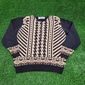 Vintage 90s Geometric Henley Sweater Womens M/L 21x24 Black